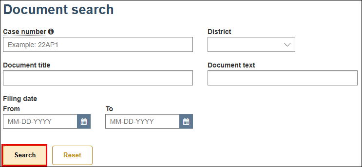 WSCCA Document search screen with attention called to Search button