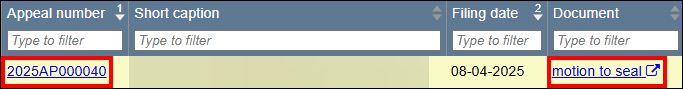 WSCCA Document search results with attention called to Appeal number column with hyperlink to case details and Document column with link to view document