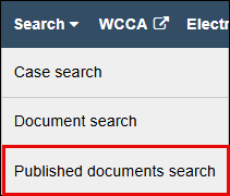 WSCCA search dropdown menu with attention called to published documents search