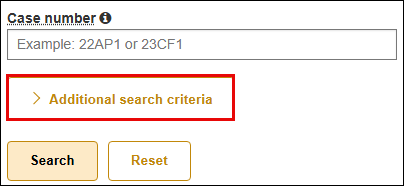 WSCCA case search screen with attention called to Additional search criteria expand link