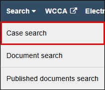 WSCCA Search menu with attention called to Case search menu option