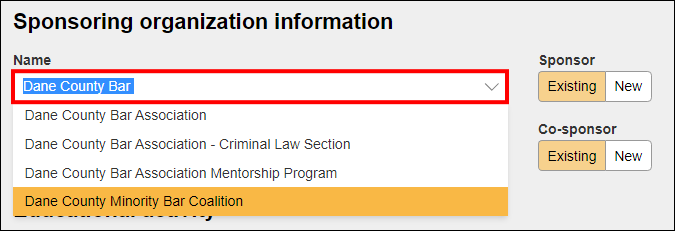 BBE CLE - CLE Course Approval requests - Sponsoring organization information section showing a dropdown list of sponsors as the user types.png