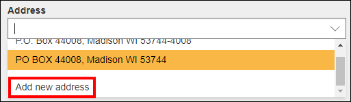 BBE CLE - CLE Course Approval requests - Address dropdown list showing multiple addresses and the 'Add new address' button.png