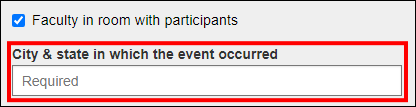 BBE CLE - CLE Course Approval requests - 'Faculty in room with participants' checkbox and the required 'City & state in which the event occurred' field.png