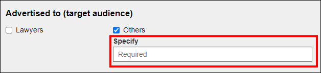 BBE CLE - CLE Course Approval requests -  'Advertised to (target audience)' section with 'Others' selected and a required 'Specify' text box visible.png