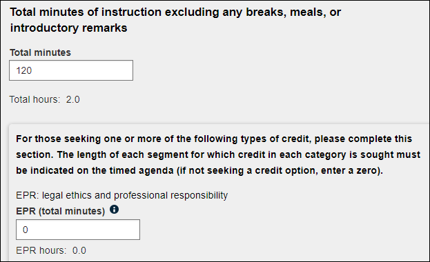 BBE CLE - CLE Course Approval requests - Fields for entering 'Total minutes' and 'EPR (total minutes)'.png