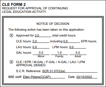 BBE CLE - CLE Course Approval requests -  A sample CLE FORM 2 Notice of Decision showing approval for 2.0 total credit hours.png