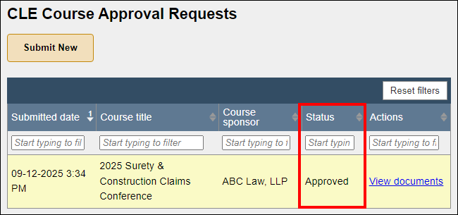 CLE Course Approval requests - CLE Course Approval Requests dashboard showing a submitted course with a status of 'Approved'.png