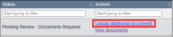 BBE CLE - CLE Course Approval requests - Dashboard view of a request with the status 'Pending Review - Documents Required' and an 'Upload additional documents' action button.png