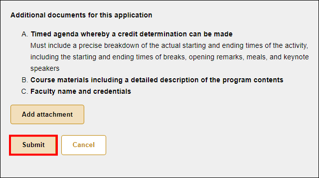 BBE CLE - CLE Course Approval requests - 'Additional documents for this application' page showing a list of required documents and buttons to 'Add attachment' and 'Submit'.png