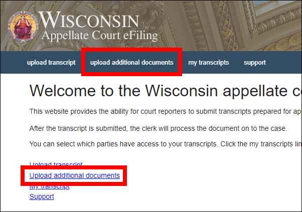 Wisconsin Appellate court eFiling homepage with attention called to upload additional documents links