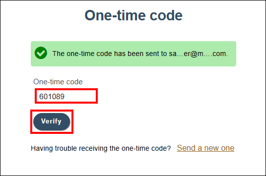 One-time code screen with attention called to the one-time code entry field and the Verify button below it