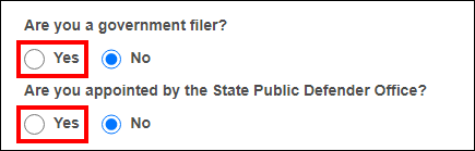 Opt in screen with attention called to yes/no prompts for Are you a government filer? and Are you appointed by the State Public Defender Office?