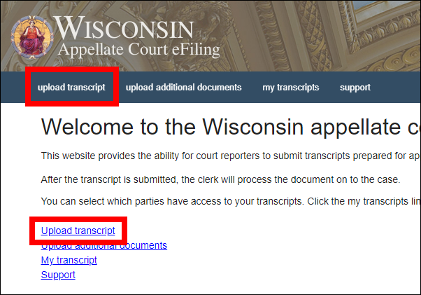 Wisconsin Appellate court eFiling homepage with attention called to upload transcript links