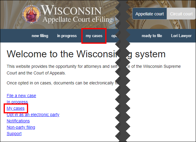 Wisconsin Appellate efiling homepage with attention called to the my case links