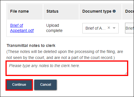 Additional documents screen with attention called to the Transmittal notes to clerk field and the Continue button at the bottom of page
