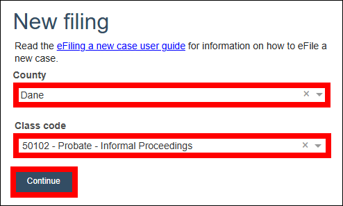 New filing screen with attention called to County selection dropdown, Class code selection dropdown and Continue button