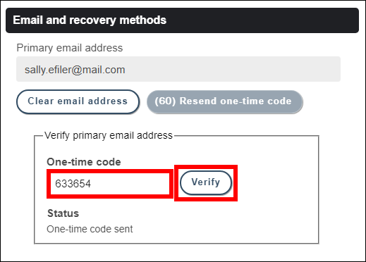 " Email and Recovery Method" page shows "One-Time code field outlined in red and "Verify" button outlined in red.