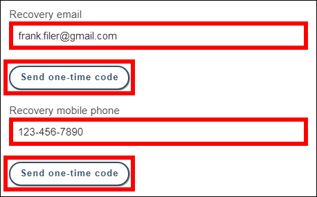 Recovery methods with attention called to Recovery email and Recovery mobile phone fields and send one-time code buttons below each field