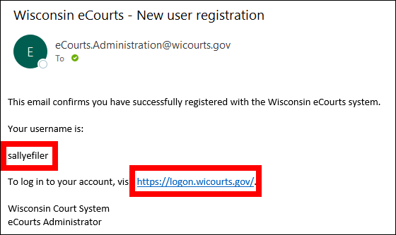 Wisconsin eCourts - New User Registration sample email with "User name" outlined in red. eCourts "login" link outlined in red