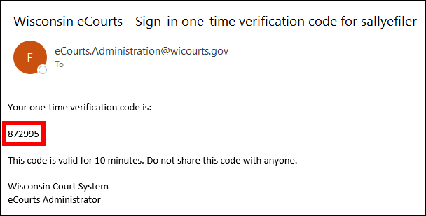 Wisconsin eCourts - Sign-in one-time verification code page shows "You're one-time verification code is" outlined in red.