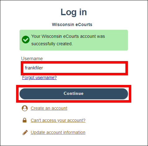 Account creation success message on Log in screen with attention drawn to Username field and Continue button