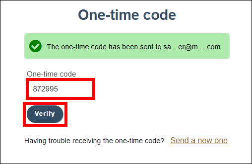 The “One-Time code” window shows the “One-time code” field with code entered, outlined in red. Below the “One-time code” field the “Verify” button is shown outlined in red.