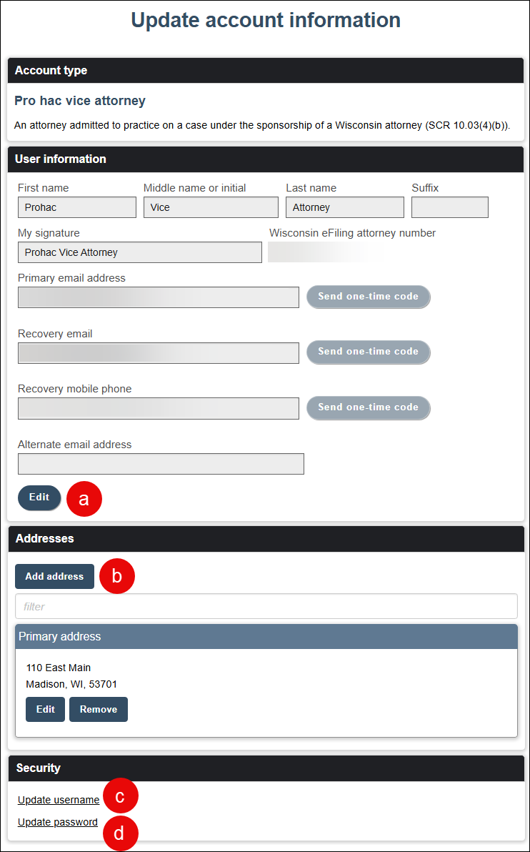 eCourts Update account information screen with attention called to Edit and Add address buttons and the Update username and Update password hyperlinks