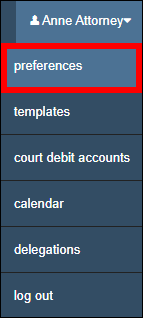 eFiling username dropdown menu with attention drawn to preferences menu option