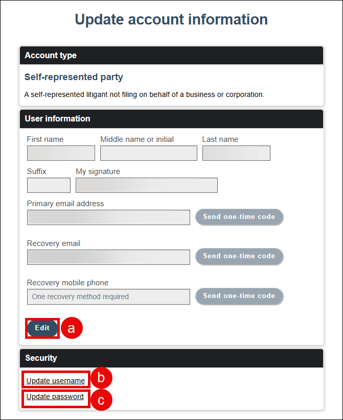 Update account information screen for a self-represented party with attention called to the Edit button and the Update username and Update password hyperlinks