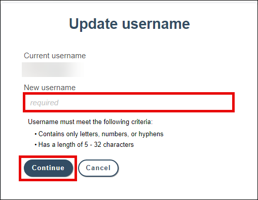 Update username screen with attention called to New username field and Continue button