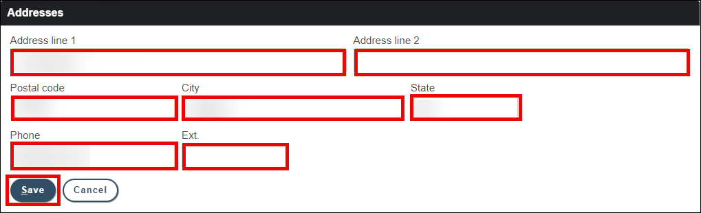 User account info Addresses section in Edit mode with attention called to Address fields and Save button