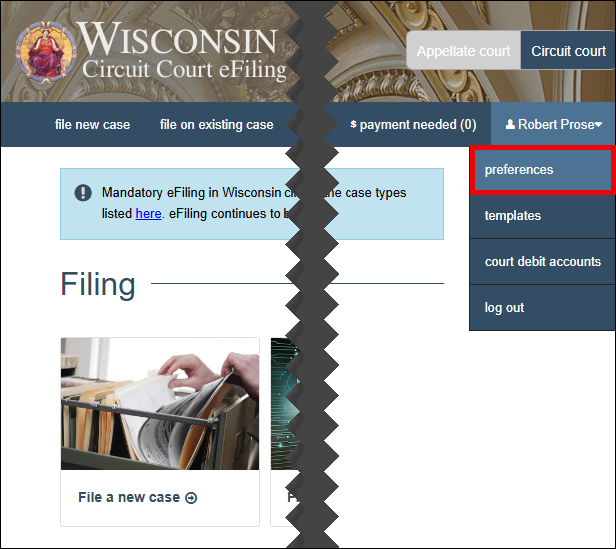 eFiling username dropdown menu with attention called to preferences menu option