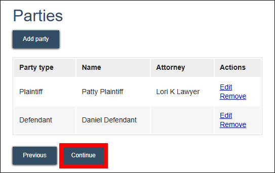 Circuit court eFiling - New Filing - Parties - Continue.png