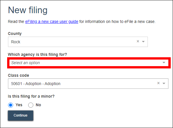 New filing screen with attention called to Which agency is this filing for? prompt and agency selection dropdown