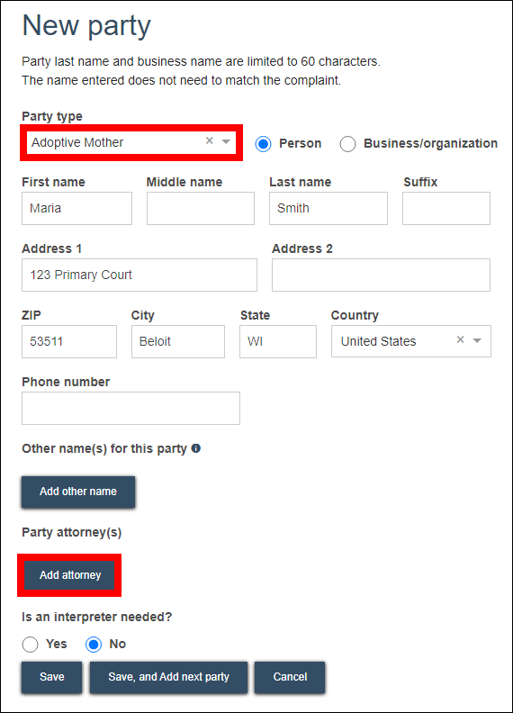 New party entry screen with attention called to Party type dropdown and Add attorney button