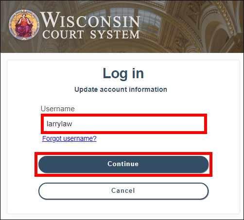 Update account information login page with attention called to the Username field and Continue button
