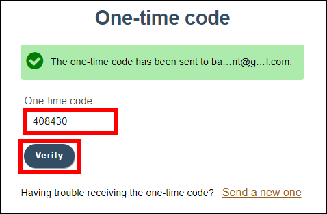 One-time code entry screen with attention called to one-time code field and Verify button