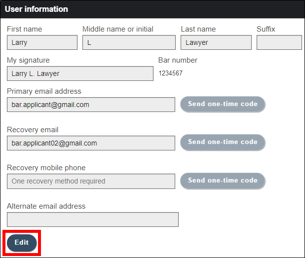User information screen with attention called to the Edit button