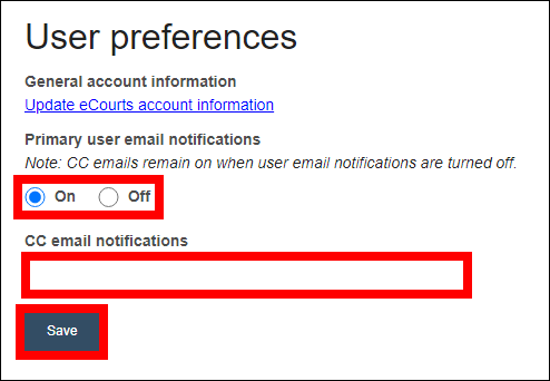 User preferences screen with attention called to Primary user email notifications on/off toggle, CC email notifications email address field and Save button