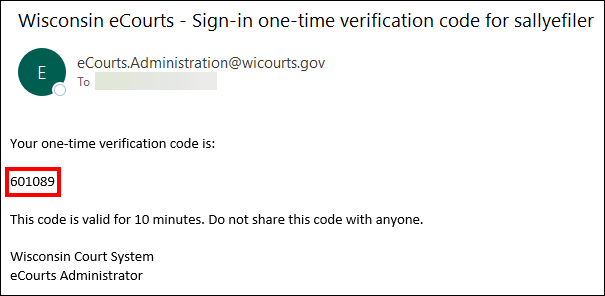 Example email containing one-time verification code
