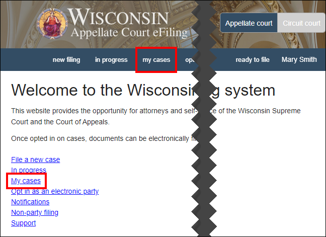 Wisconsin Appellate court eFiling homepage with attention called to My cases links
