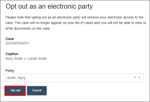 Opt out as an electronic party screen with attention called to Opt out button