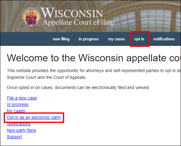 Wisconsin Appellate court efiling home screen with attention called to opt in menu options