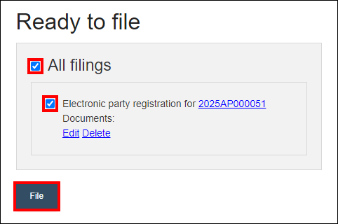 Ready to file screen with attention called to All filings checkbox and specific case filing checkbox as well as the File button below them