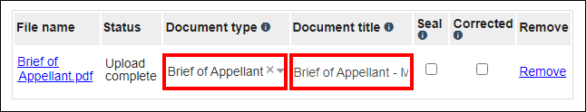 Additional documents uploaded documents list with attention called to the Document type dropdown and Document title field