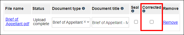 Additional documents screen uploaded documents list with attention called to the Corrected column and checkbox for a document