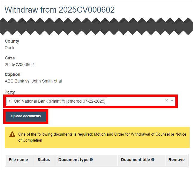 Withdraw from case screen with attention called to the Party selection dropdown and Upload documents button