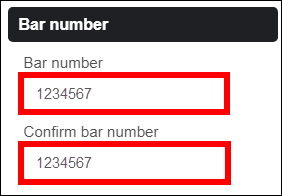 "Bar Number" page shows "Bar number" and "Confirm bar number" fields outlined in red.