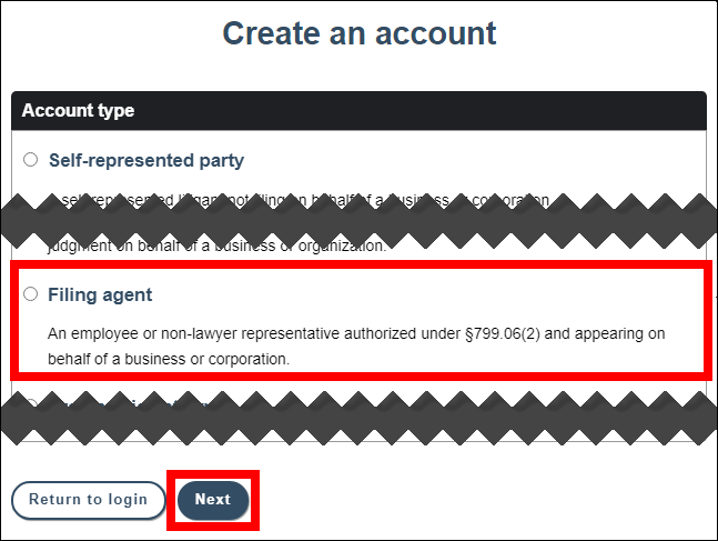 Create an account screen with attention drawn to the Filing agent account type option and the Next button at the bottom of the screen